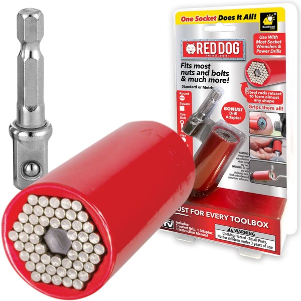 Red Dog Socket w/ Drill Adapter, Fits Most Nuts & Bolts, Use with Socket Wrenches & Power Drills, Steel Rods Form Any Shape, Standard or Metric, 2 In.