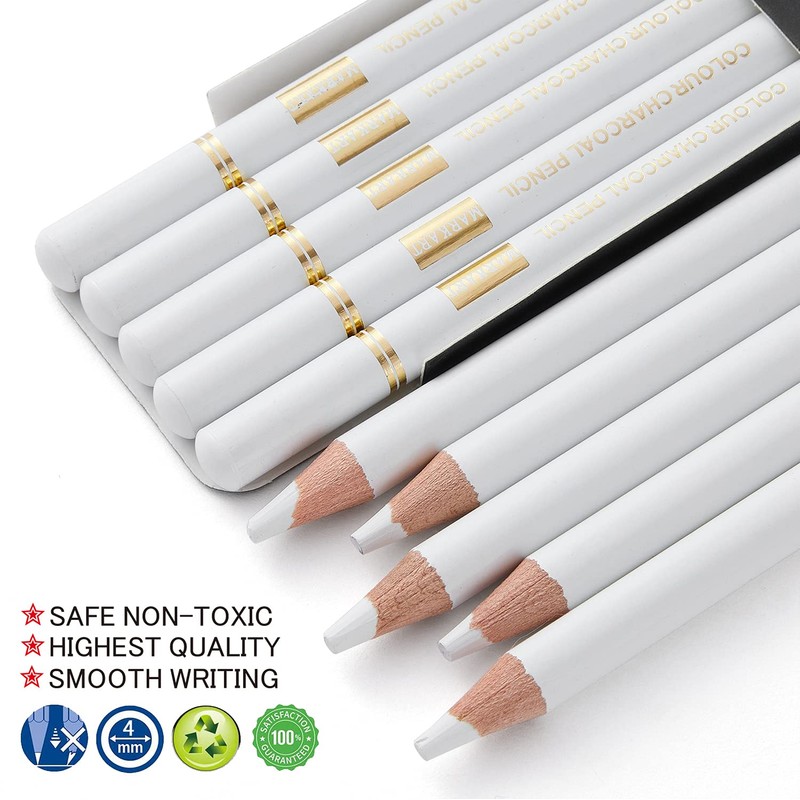 MARKART Professional White Charcoal Pencils Set, 5 Pieces Sketch Highlight