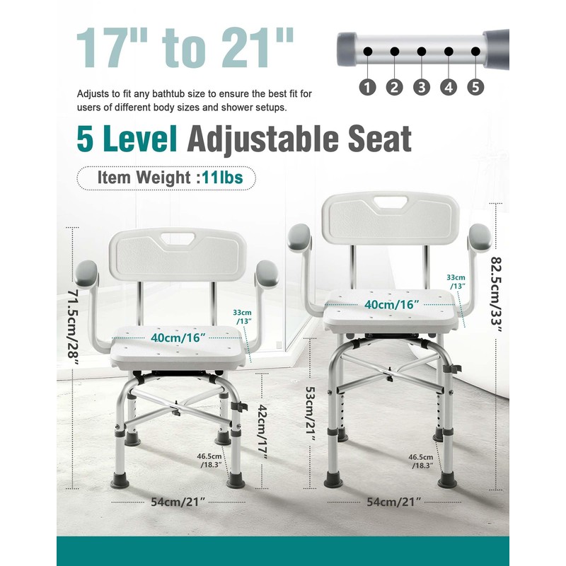 Shower Chair for Inside Shower with Adjustable Arms, 400lb Bathtub