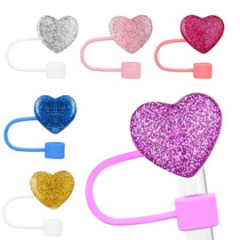6Pcs Valentine's Day Straw Toppers 10mm Glitter Heart Straw Cover Cap Silicone Straw Topper Colorful Heart Cute Design Drinking Straw Covers Valentine's Straw Lids Protectors Holiday Party