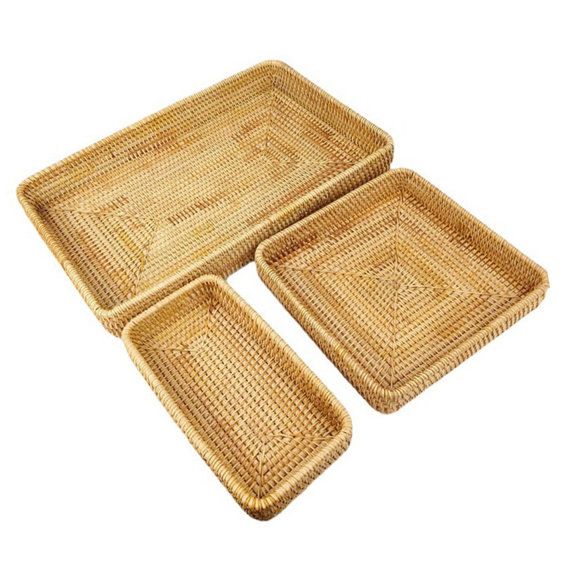 Rattan Tray Tabletop Organization Hand Woven Snack Storage Basket Multifunctional