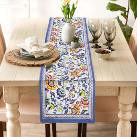 Fingercraft Cotton Linen Table Runner – Light Natural , Fabric Table Runners for Fall, Thanksgiving, Christmas, Holiday (13x90, Blue Floral)