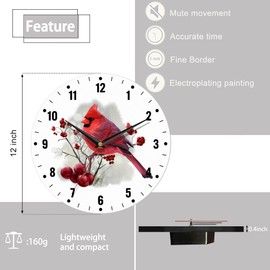 SPUNKER Wall Clock,Red Cardinal Bird Wall Clocks for Living Room Decor,Watercolor Berry Kitchen Clocks Wall Battery Operated - 10 Inch Round Bathroom Wall Clock Silent Non-Ticking