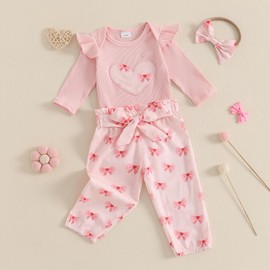 Newborn Baby Girl Outfits Infant Auntie Letter Ribbed Knit Romper Floral Pant With Headband Cute Baby Fall Clothes (Pink Heart, 12-18 Months)