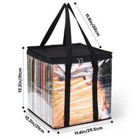 Facmogu Vinyl Record Storage Bag, 12" PVC Clear LP Vinyl Record Storage Bag Holds up to 50 Vinyl Albums, Vinyl Album Carrying Case Bag with Handle, Protective CD LP Record Holder for Travel, Organizer