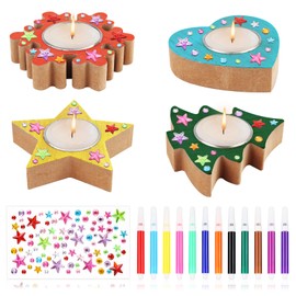 DINSONG Pack of 4 Snowflake Tea Light Holders Craft Set, Tea Light Holder with Stars and Snowflakes, Wooden Tea Light Holder for Children for Crafts and Painting, for Christmas, for Boys and Girls
