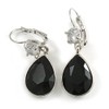 Black/Clear CZ, Glass Teardrop Earrings With Leverback Closure In Silver