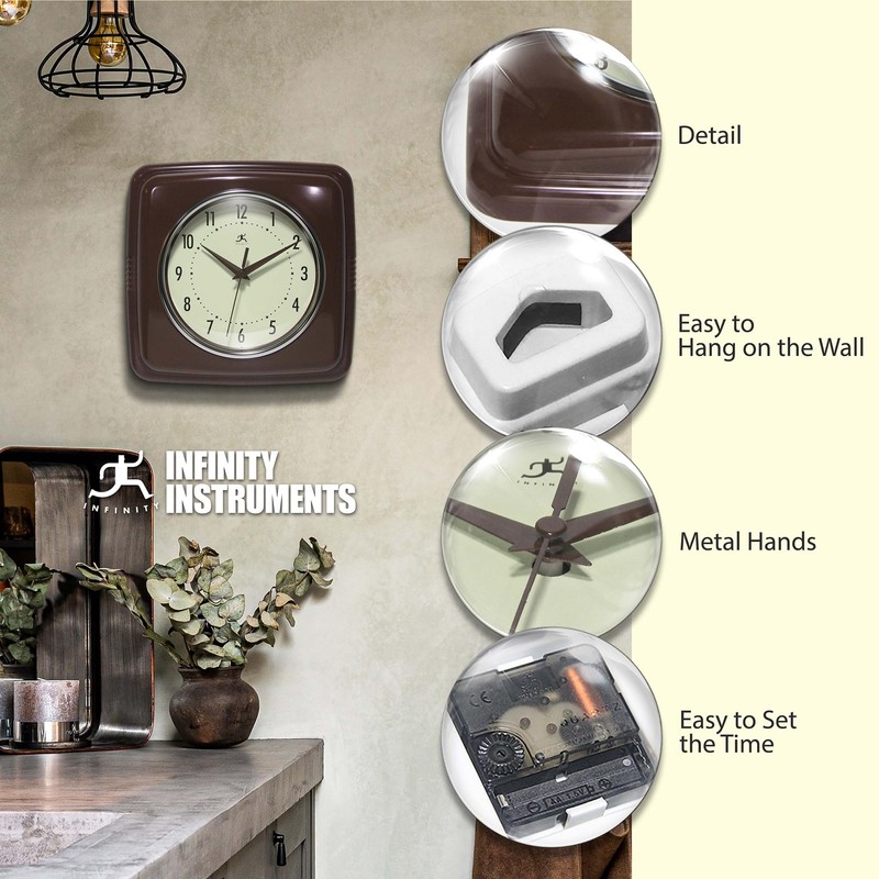 Infinity Instruments Square Retro Wall Clock, Mahogany, 9.25"