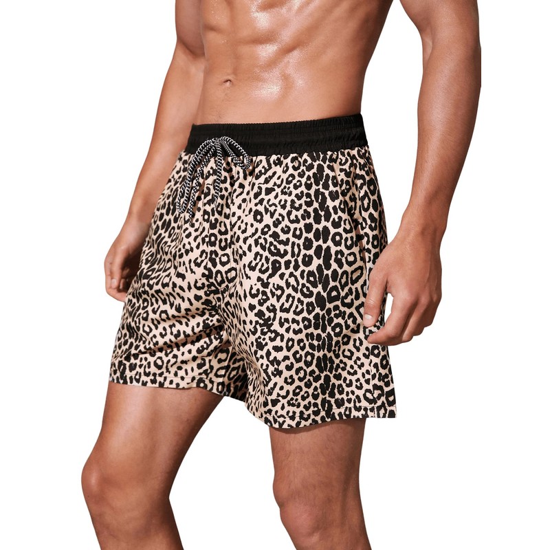 Verdusa Men's Leopard Print Drawstring Waist Swim Trunks Beach Shorts,