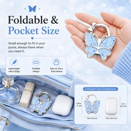 KUNHEHO Purse Hook for Table, Foldable Handbag Hanger for Women, Portable Bag Holder with Non-Slip Base, Cute Bling Light Blue Butterfly Purse Table Hook for Restaurant Office Travel Gift