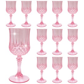 LEYIQU Pink Plastic Wine Glasses，Pink Plastic Goblets for Parties，Pink Drinking Glasses for Wedding Reception, Grand Event Party Supplies (12, Pink)