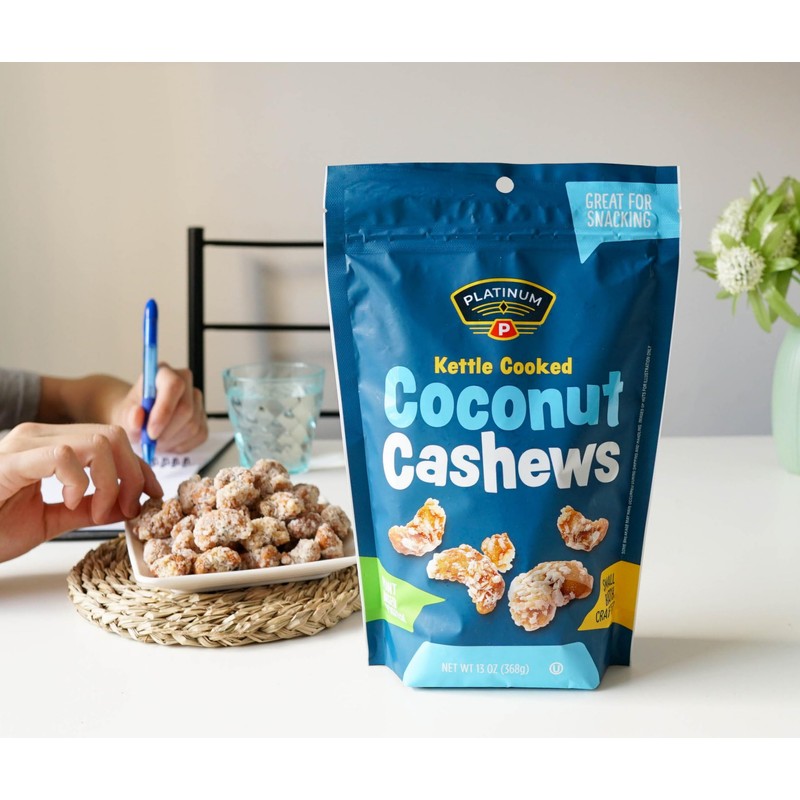Platinum Kettle Cooked Coconut Cashews - Plant Based Protein, Fiber,