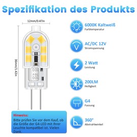 Akynite G4 LED 12V 2W Cool White 6000K for Cooker Hood, 12 SMD, 200LM, Replacement Halogen Spotlight G4 10W 20W, Non-Dimmable, Pin Base Lamp G4 12V AC/DC for Ceiling Light, Set of 6