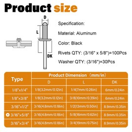 JTAREA 130pcs 3/16" x 5/8" Black Aluminum Pop Rivets with Stainless Steel Washers 4.8 x 16mm Blind Rivet Assortment Kit