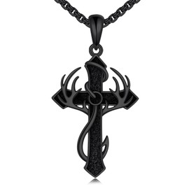 YONFQE Fish Hook Cross Necklace for Men 925 Sterling Silver Black Cross Pendant Necklaces Antlers Hunting Jewellery Gifts for Women Men