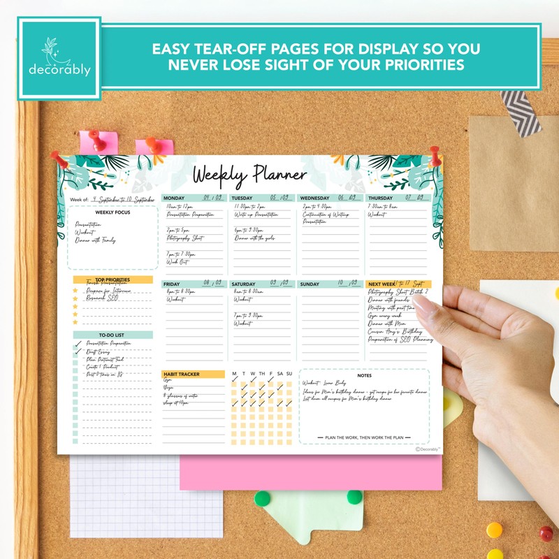 Decorably Weekly Planner Pad Landscape - 52 Easy Tear-Off Weekly
