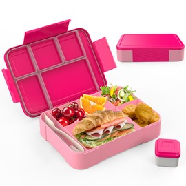 SWVIODMT Children's Lunch Box with Compartments, 1300 ml Lunch Box Children, Bento Box with 5 Compartments, Cutlery Set, Leak-Proof Lunch Box for Nursery, School, Picnic, Excursion (Pink)