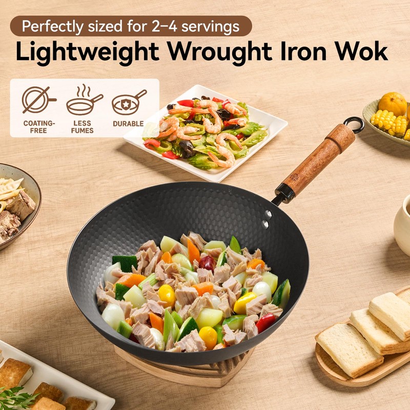 WANGYUANJI 12.6" Iron Wok with Lid, Flat Bottom Nonstick Wok