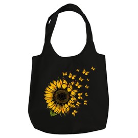KIEKIECOO Cute Floral Canvas Tote Bag Aesthetic Sunflower Graphic Canvas Bags With Handles Reusable Shopping Bag(Black)