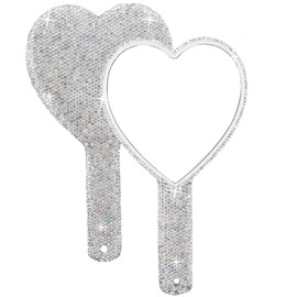 Framendino, 1 Pack Large Bling Handheld Mirror Heart Rhinestone Glitter Cosmetic Dazzling Portable Hand Mirrors with Handle for Women Wedding White Silver