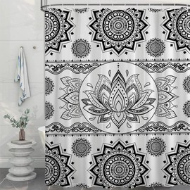 puuiui Black and White Mandala Shower Curtain Lotus Flower, 70x72 Inchs