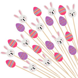 Easter Cocktail Picks - Decorative Easter Bunny and Eggs Long Toothpicks for Appetizers, 100 Counts 4.7 inch Fancy Bamboo Skewers Wooden Sticks for Party, Food and Drinks Decorations