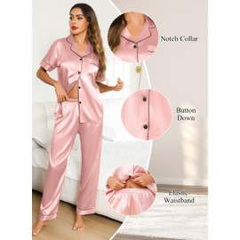 Lovasy Satin Pyjamas Women's Long Short Sleeve Pyjamas Set with Buttons V-Neck Pjs Sets Leisure Suit Women's Two Piece, pink