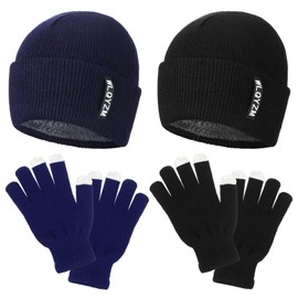 4 Piece Winter Beanie Hat and Glove Set with Fleece Lining Winter Warm Knit Skull Cap and Gloves Set for Men Women (Black, Blue)