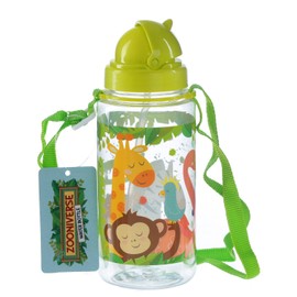 Puckator Zooniverse - Kids Drinks Bottle With Straw - Reusable Water Bottle For Girls And Boys With An Attached Long Strap - Bpa Free - For School Nursery - Cute Jungle Animals Design - Pp 450ml