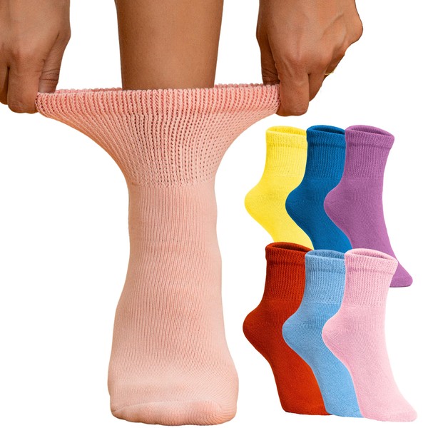 Special Essentials - 6 pares de calcetines de tobillo para diabéticos y circuladores sin ataduras para hombres y mujeres, algodón suave que absorbe la humedad, Surtido - Multicolor, Medium-Large