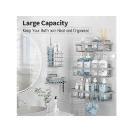 Liuoud 5 Pack Shower Caddy Organizer Rack Shelf for Inside Shower, Self Adhesive Bathroom Wall Storage Basket Rustproof Stainless Steel Large Capacity Shampoo Holder, Grey