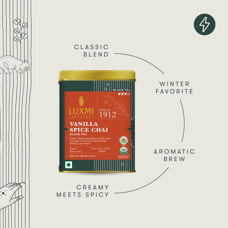 LUXMI Estates Vanilla Spice Chai 100Gm Loose Leaf Tin |