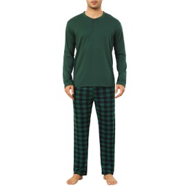 Vlazom Men's Pyjamas Sets Long-Sleeve Pj's Set Soft Loungwear Solid Top and Check Pant with Pockets A-Dark Green,L