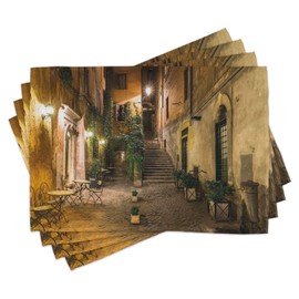 Ambesonne Italian Place Mats Set of 4, Old Courtyard Rome Italy Cafe Chairs City Historic Houses in Street, Washable Fabric Placemats for Dining Table, Standard Size, Orange Brown