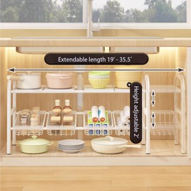 Fliqor Under Sink Organizer，2 Tier Expandable Heavy Duty Metal Shelf，with 5 Removable Panels and 5 Storage Basket for Under Kitchen Bathroom Sink Organizers and Storage(White, Large)