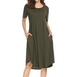 Locryz Womens Pockets Casual Swing Loose T-Shirt Midi Dresses M Army Green
