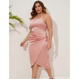 ZOMVA Plus Size Satin Dress 1X-4X Ruched Cowl Neck Spaghetti Strap Elegant Midi Dress Wedding Guest Cocktail, Apricot Pink, 3XL