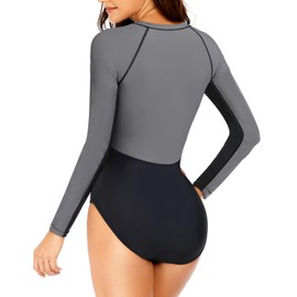 Daci Women Gray and Black Rash Guard Long Sleeve One Piece Swimsuit Zipper Surfing Bathing Suit UPF 50 L