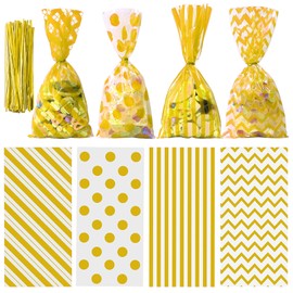 Aneco 100 Pack Gold Cellophane Bags 10.6 x 5.1 Inch Plastic Candy Bags Gift Bag Goodie Bag with Twist Ties for Valentine, Birthday, Gift Cookie Snack Packing Party Favor Supplies