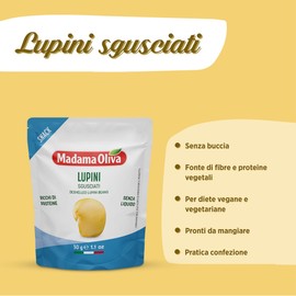 MADAMA OLIVA, Lupini Sgusciati, Ottimo Snack per Aperitivi, Ideale per le Insalate Miste e nelle Minestre, Senza Conservanti Aggiunti, 100% Made in Italy, Box da 20 Buste in Alluminio da 30 gr
