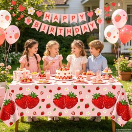 4 Pack Strawberry Tablecloth Pink Strawberry Birthday Party Decorations Fruit Theme Party Table Covers Berry Sweet One Disposable Table Cloth for Girls Strawberry Party Baby Shower Supplies 51X86IN