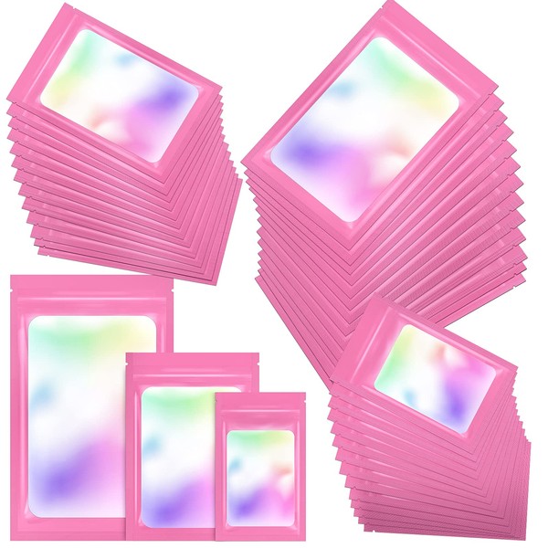 Jazpyne smell proof bags 120 Pack holographic bags Resealable mylar bags (3 Sizes: 5x8 + 4x6 + 3x5 Inch: Each 40 pcs) Pink