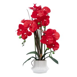 CXGS Artificial Orchid Flower Plant 20.9'' Realistic Latex Faux Orchids in Ceramic Vase Red Fake Phalaenopsis Flower Arrangement Orchids with Spotted Stems for Centerpiece Table Home Decor