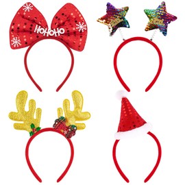 Bluelves 4 Pieces Glitter Christmas Headband, Novelty Xmas Christmas Party Headdress Set, Christmas Hat Reindeer Antlers Snowman Bows, Sequins Stars Headband Party for Children Adults