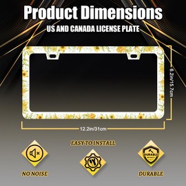 Sunflower License Plate Frame Yellow Flowers Floral License Plate Holder Stainless Steel Sunflower Auto Parts Colorful License Plate for Women Decoration Size 12.2"x 6.2" with Screws