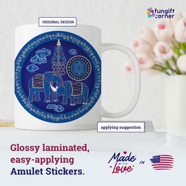 Blue Elephant and Rhino Feng Shui Amulet Sticker, Feng Shui Symbol of Protection Against Robbery and Loss, Set of 5 Pieces Decorative Stickers, 4.3 Inch Diameter