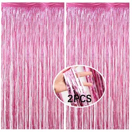 AMZJIMTOP Pink Tinsel Foil Fringe Curtain Party Decorations 2Pcs 3.3ft *6.6ft Metallic Tinsel Curtains Streamers Party Backdrop Foil Curtain for Birthday Party Wedding Holiday Decoration