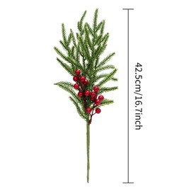 Norfolk Pine Branches Red Berry Stems 17" Artificial Christmas Greenery Picks Fake Pine Needles with Holly Berries for Xmas Tree Filler Decorations Festival Holiday Vase DIY Garland Craft (8, Green)
