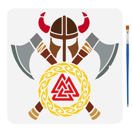 FINGERINSPIRE Viking Warrior Rune Axe Stencil 11.8x11.8Inch Viking Themes Stencils with a Paint Brush Horned Helmet Painting Stencils Reusable Axe Pattern Stencil Rune Drawing Stencil for Wall Fabric