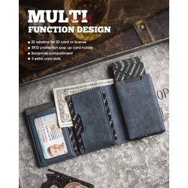 DUGRAFT Card Holder Wallet with ID Window, Leather Mens RFID Blocking Minimalist Pop-Up Wallet Aluminum Metal Credit Card Case with Banknote Compartment